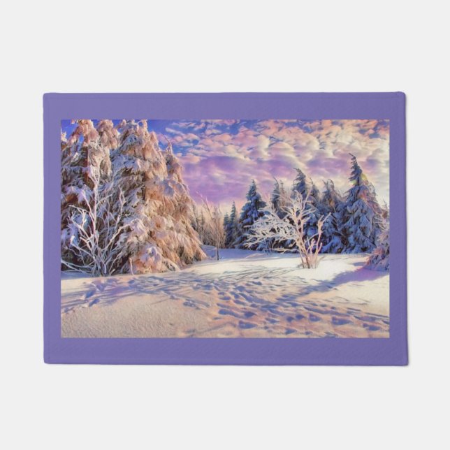 Felpudo Acuarela moderna de árboles nevados de colores (Anverso)