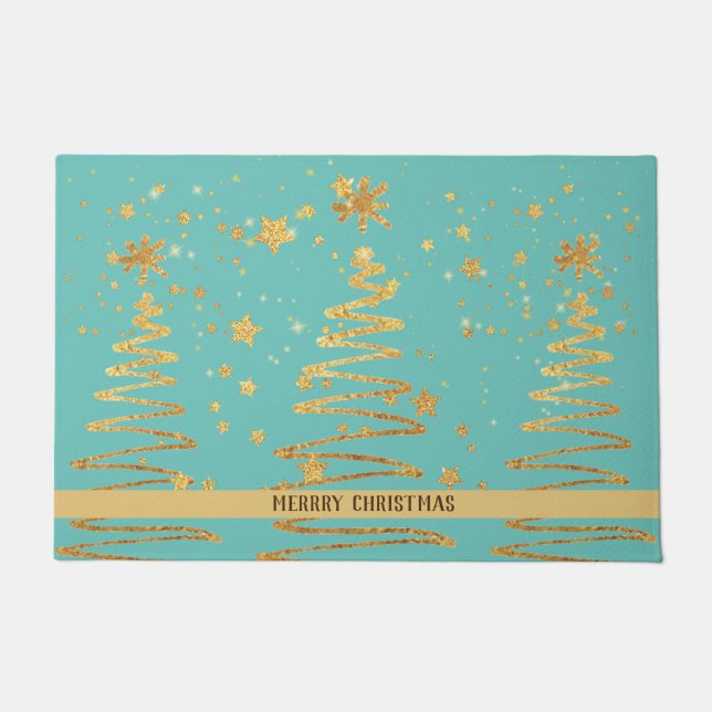 Felpudo Adorable árbol de oro brillante brillante azul mod (Anverso)