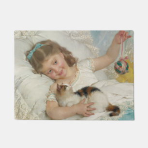 Felpudo Adorable Joven Niña Jugando Con Su Gato Mascota