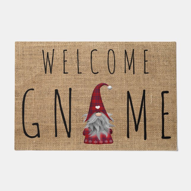 Felpudo Adorable Navidad Plaid Bienvenida Gnomo (Anverso)