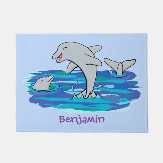 Felpudo Adorables delfines felices ilustracion personaliza (Anverso)