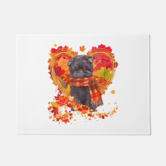 Felpudo Affenpinscher Con Corazón Hecho De Hojas De Otoño (Anverso)