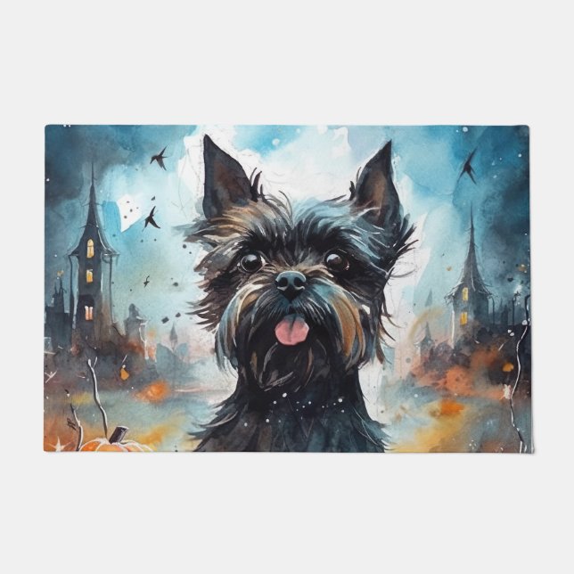 Felpudo Affenpinscher de Halloween con calabazas aterrador (Anverso)