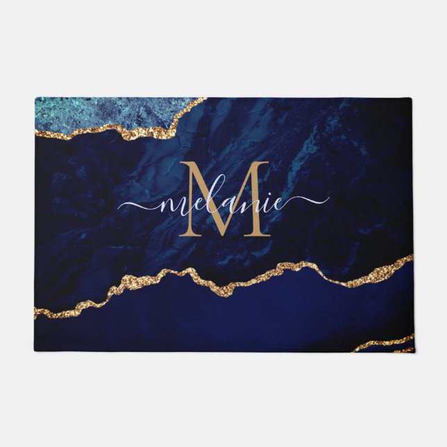 Felpudo Agate Navy Blue Gold Personalizado Letra nombre Do (Anverso)