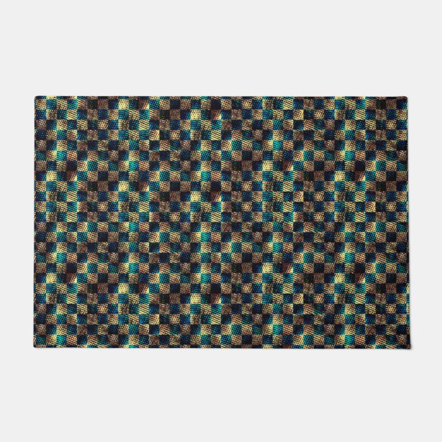 Felpudo Ajedrez sucio y efecto rayado, amarillo y azul (Anverso)