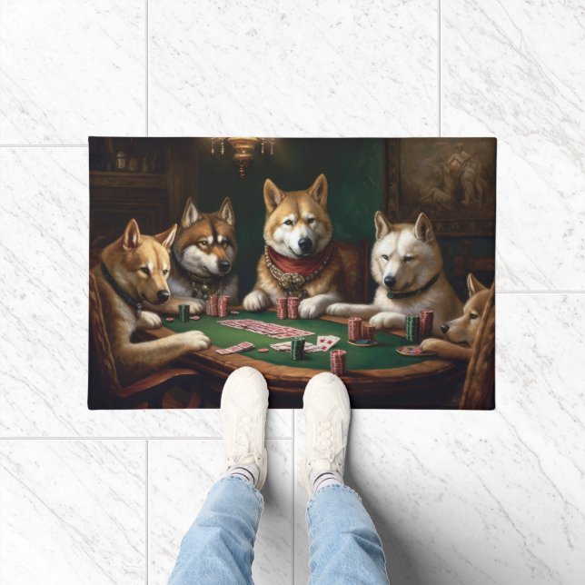 Felpudo Akita Perros Jugando al Arte de Poker (Interior)