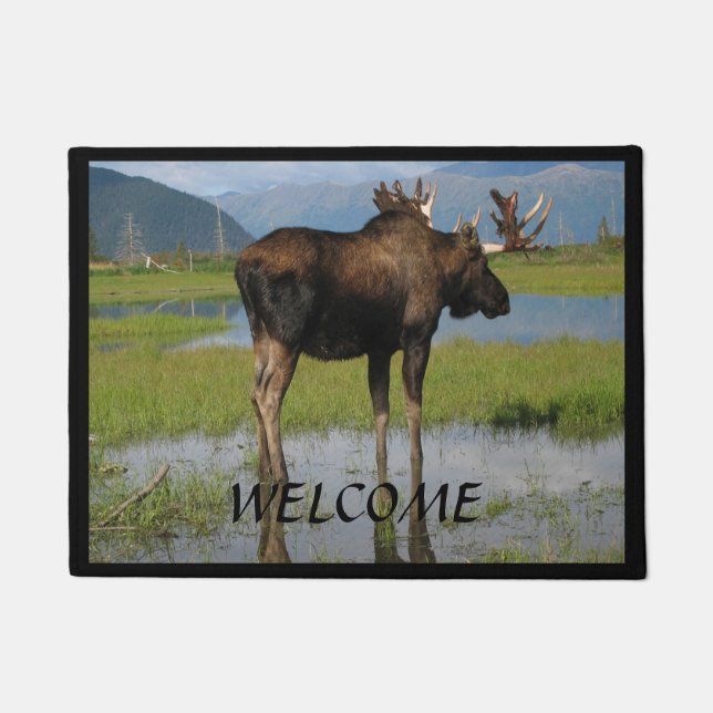 Felpudo Alaska Bull Moose con bienvenida en los cuernos de (Anverso)