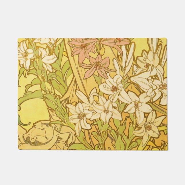 Felpudo Alfonse Mucha Flores de lirio Art Nouveau (Anverso)