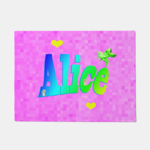 Felpudo Alice, logotipo de nombre de niña con corazones,