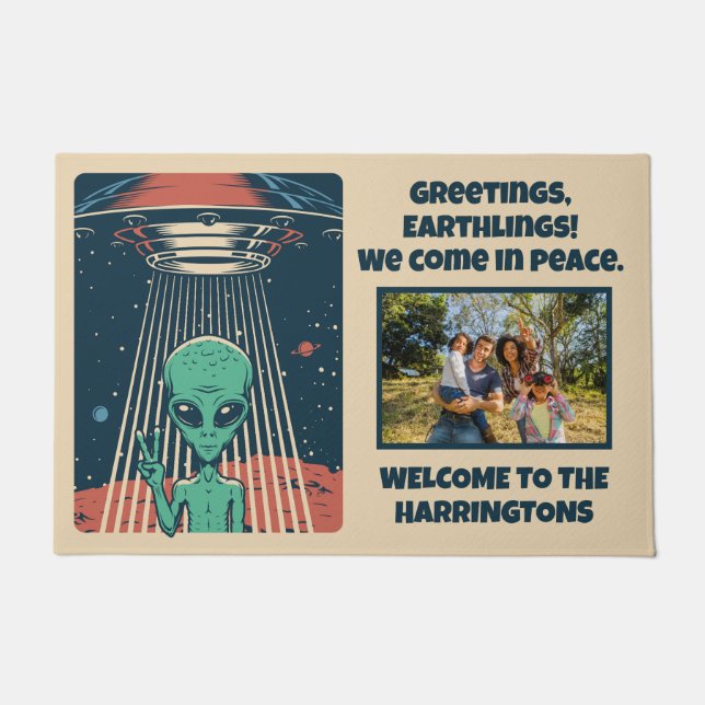 Felpudo Alien para personalizado de texto y foto de OVNI (Anverso)