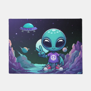Felpudo Alienígena de la paz lindo y nave espacial