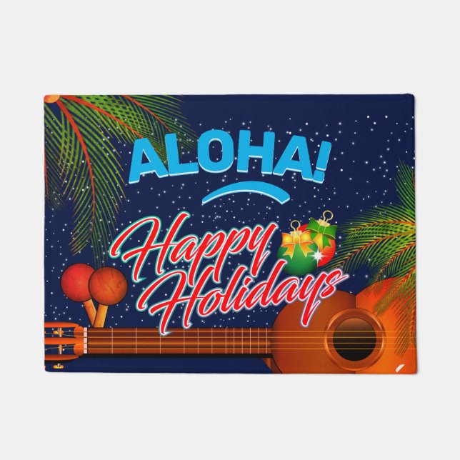 Felpudo ALOHA Felices vacaciones con Ukulele y Palm (Anverso)
