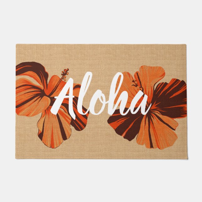 Felpudo Aloha, Naranja de Streaky Hawaiian Hibiscus (Anverso)
