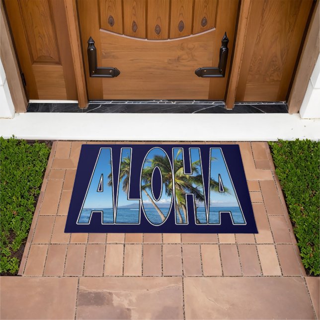 Felpudo ALOHA Tropical Palm Trees Hawaiian Greeting (Exterior)