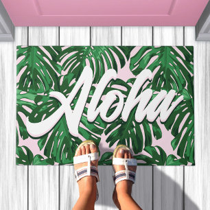 Felpudo Aloha verde rosa hojas tropicales manuscritas jung