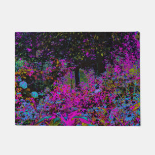 Felpudo Amanecer de jardín psicodélico rosa caliente y neg