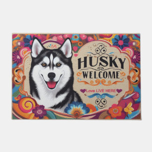 Felpudo Amor vive aquí - Bienvenida del perro Husky Siberi