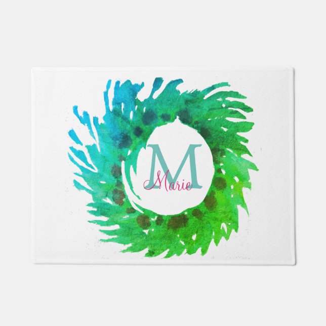 Felpudo Añadir una corona verde rosa monogramo (Anverso)