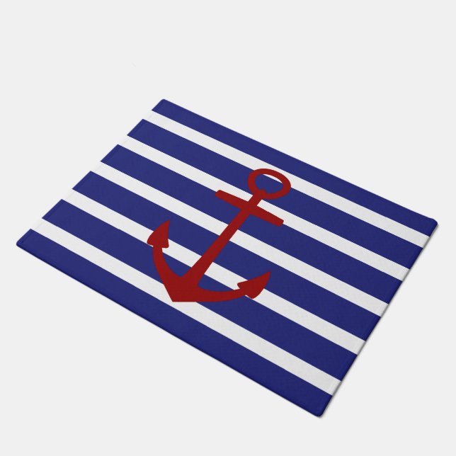 Felpudo Ancla roja en rayas azules y blancas náuticas (Angular)