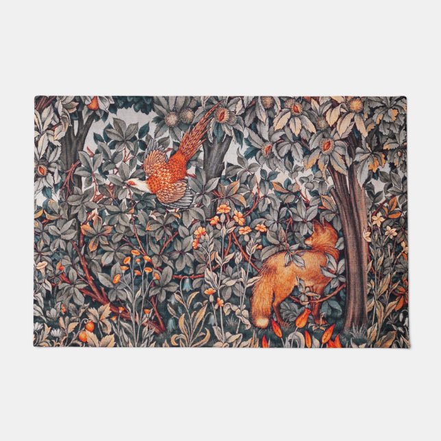 Felpudo ANIMALES FORESTALES Pheasant,Fox,Floral roja blanc (Anverso)