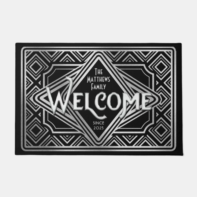 Felpudo Aniversario del Boda Plata Purpurina Art Deco 25 (Anverso)