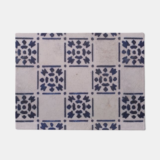 Felpudo Antiguo Delft Tile Blue: Patrón de arte holandés c (Anverso)