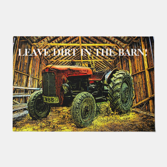 Felpudo Antiguo Tractor Rojo Rústico Barn (Anverso)