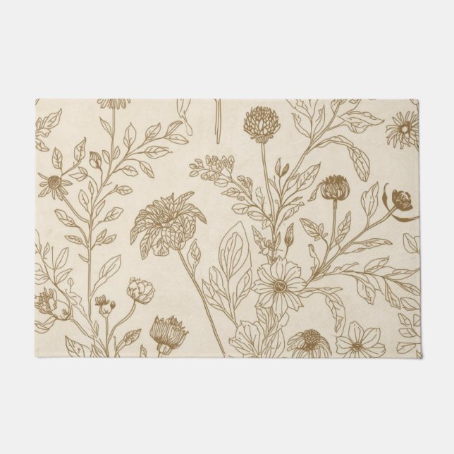 Felpudo Antique Sepia Botanical Line Art Floral Pattern (Anverso)