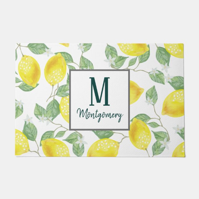 Felpudo Apellido elegante de los limones de la acuarela (Anverso)
