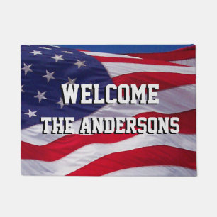 Felpudo Apellido patriótico de la bandera