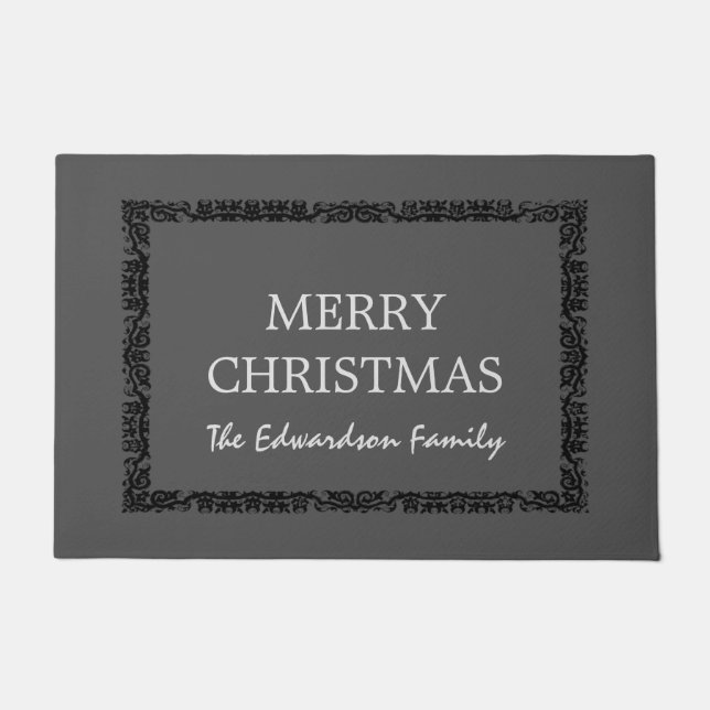 Felpudo Apellido rústico de las Felices Navidad del marco (Anverso)