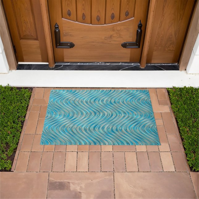 Felpudo Aqua Turquoise Verde azulado Taupe azul líneas cur (Exterior)