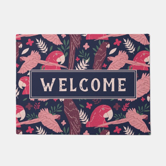 Felpudo Ara Parrot Red Tropical Pattern Welcome (Anverso)