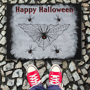 Felpudo Arañas negras de viuda de Halloween en blanco rúst