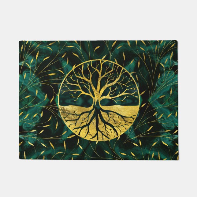Felpudo Árbol de la vida de oro Yggdrasil en la malaquita (Anverso)