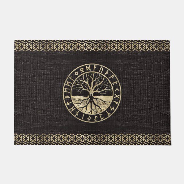 Felpudo Árbol de la vida - Yggdrasil y runas en la madera (Anverso)