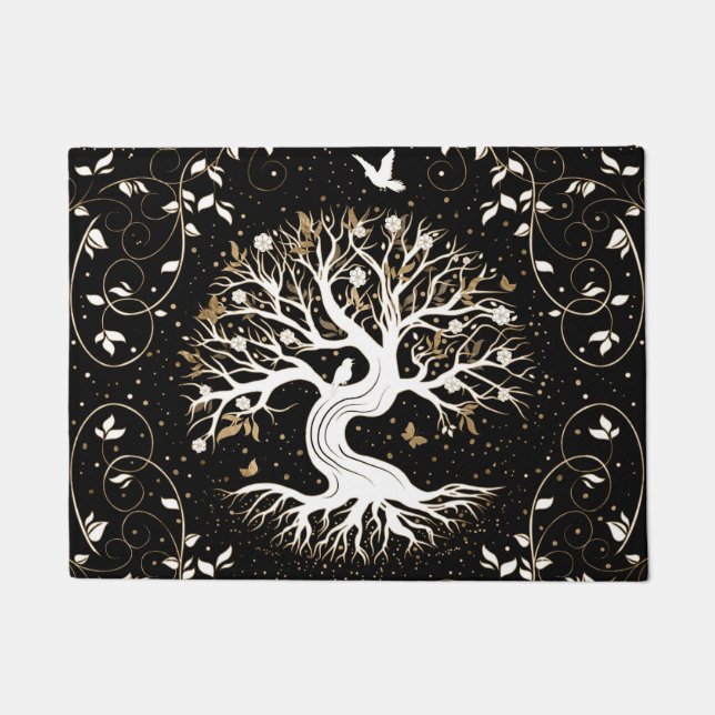 Felpudo Árbol de vida - Yggdrasil - blanco negro y oro (Anverso)