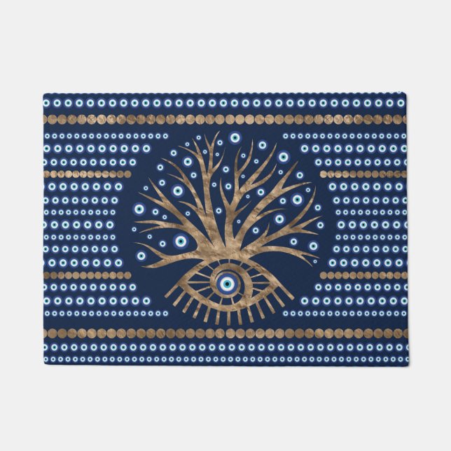 Felpudo Árbol griego del ojo - oro de Mati Mataki y azul (Anverso)
