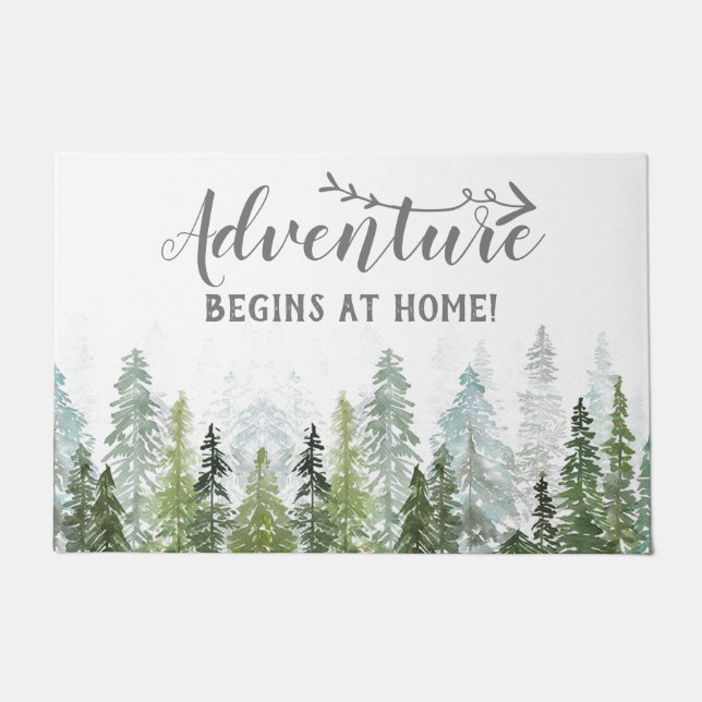 Felpudo Árboles de pino acuarela | La aventura empieza en  (Anverso)