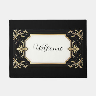Felpudo Art Deco Black & Gold Ornate Frame Area Rug
