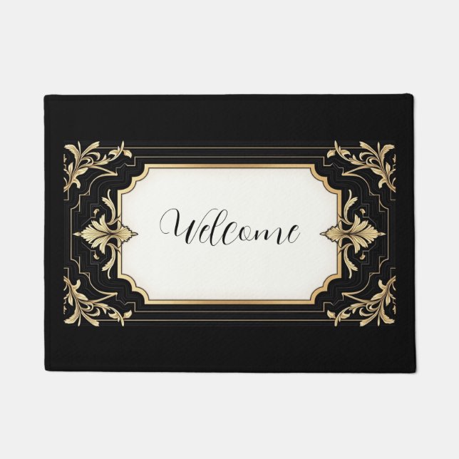 Felpudo Art Deco Black & Gold Ornate Frame Area Rug (Anverso)