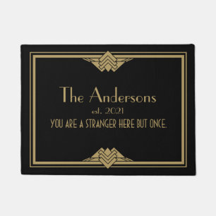 Felpudo Art Deco Geometric Black Gold Family Name Doormat