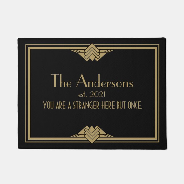 Felpudo Art Deco Geometric Black Gold Family Name Doormat (Anverso)