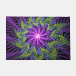 Felpudo Arte abstracto fractal moderno de flor verde púrpu