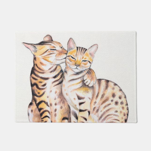 Felpudo Arte acuarela de dos gatos bengalíes (Anverso)