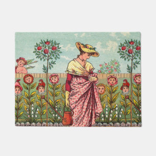Felpudo Arte Antiguo Mujer Flor Creciente Jardín