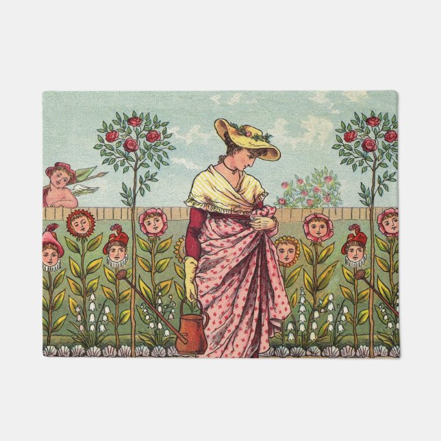 Felpudo Arte Antiguo Mujer Flor Creciente Jardín (Anverso)