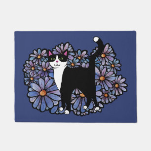 Felpudo Arte de Daisies Púrpura en un gato de Tuxedo