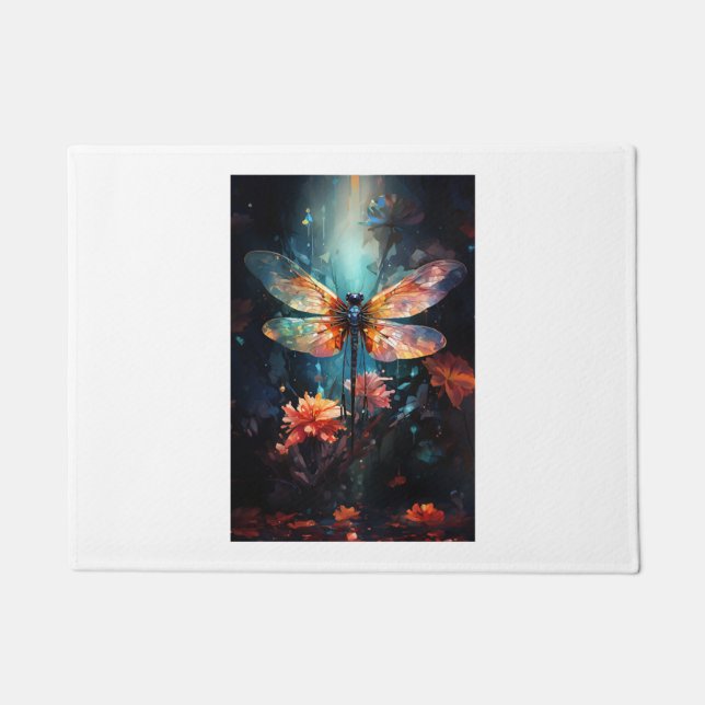Felpudo Arte de flores de libélula - Vidrio manchado (Anverso)