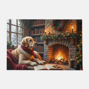 Felpudo Arte de Librería de Navidad con Golden Retriever